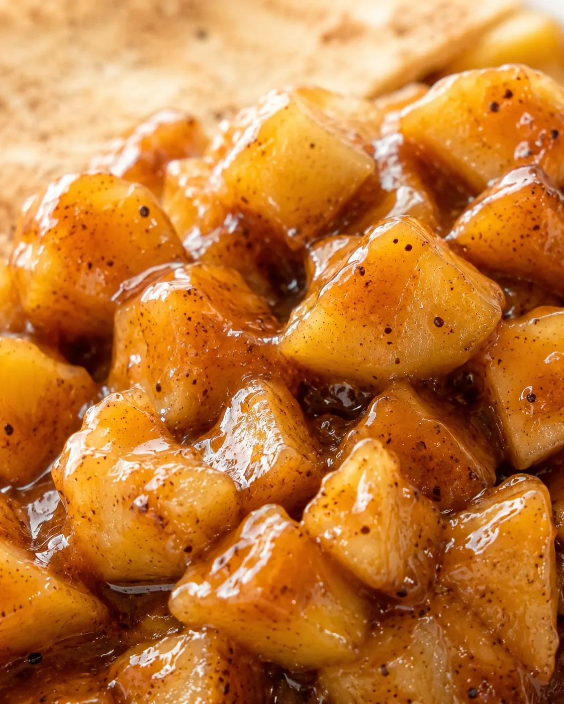 Close-up of caramelized roasted potato cubes coated in glossy amber glaze.