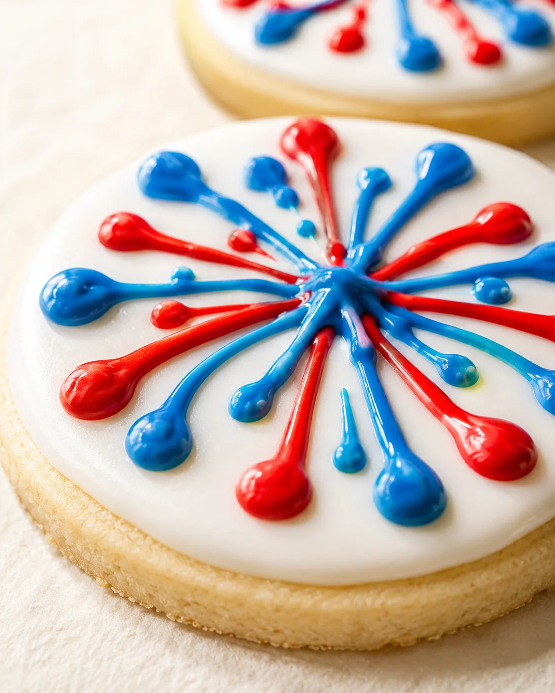 round sugar cookie with white icing and red and blue radial decorations