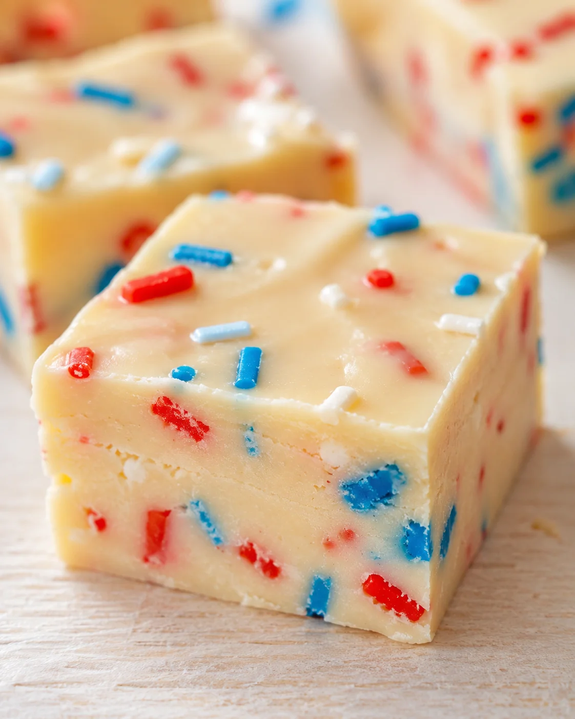 Cream-colored fudge squares studded with red, blue, and white sprinkles on a wooden surface.