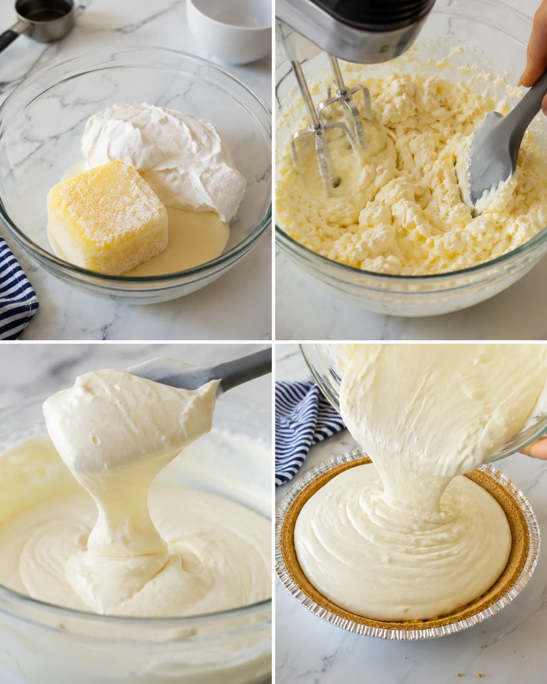 Four-panel collage showing butter and cream cheese, mixing into thick cheesecake filling and filling crust.