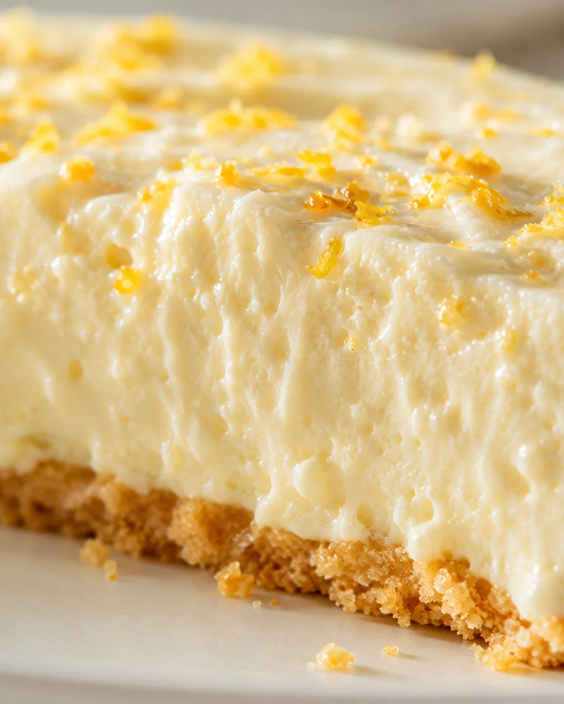 Close-up of lemon cheesecake slice with creamy filling, crumb crust and lemon zest topping.