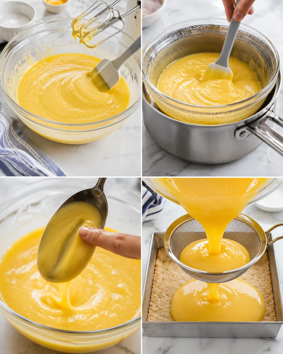 Collage showing steps to make pastry cream: whisked yellow mixture, heated in a pot, strained, and poured into crust.