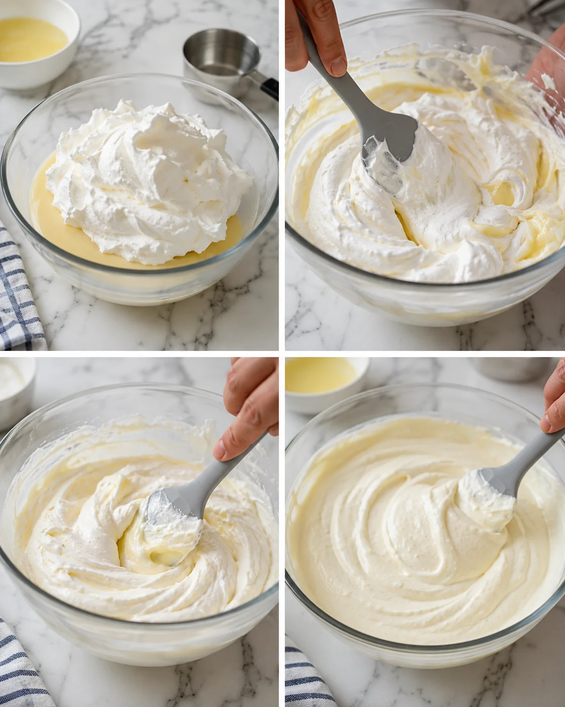 Four-panel collage showing a glass bowl with pale yellow batter and folded whipped cream being mixed.