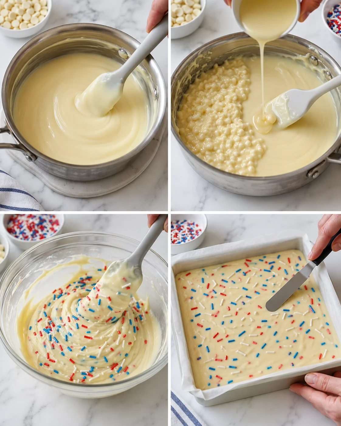 Collage of four photos showing vanilla funfetti batter being made: whisking, pouring, folding sprinkles, batter in a lined pan.
