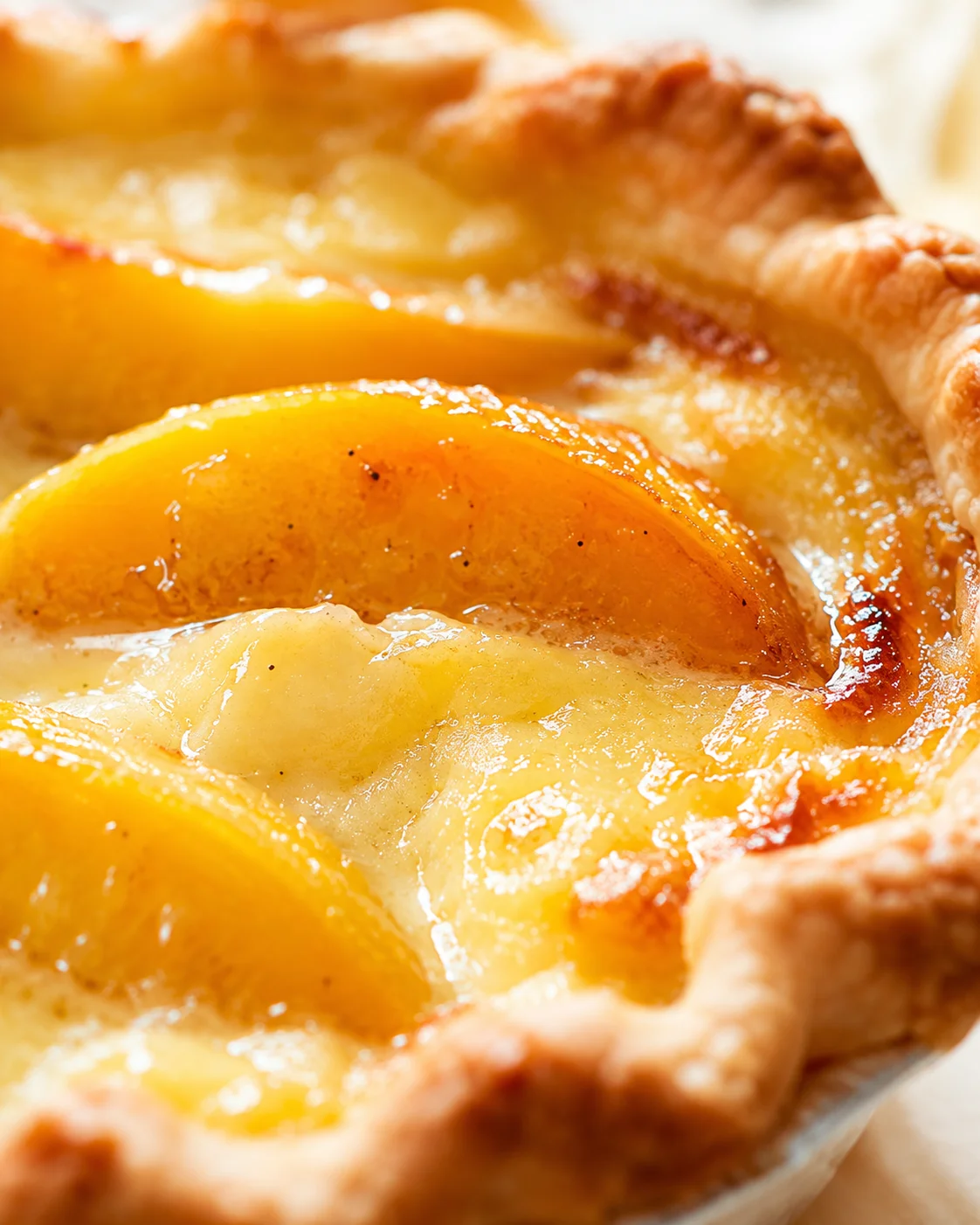 Close-up of a golden peach tart with glossy peach slices and a flaky, crimped crust.