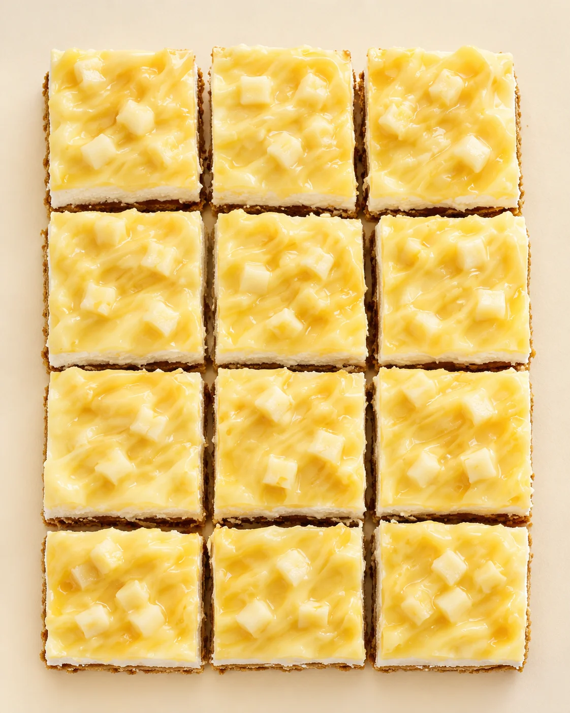 Top-down view of twelve lemon bars in a 3x4 grid with glossy yellow glaze and white cubes.