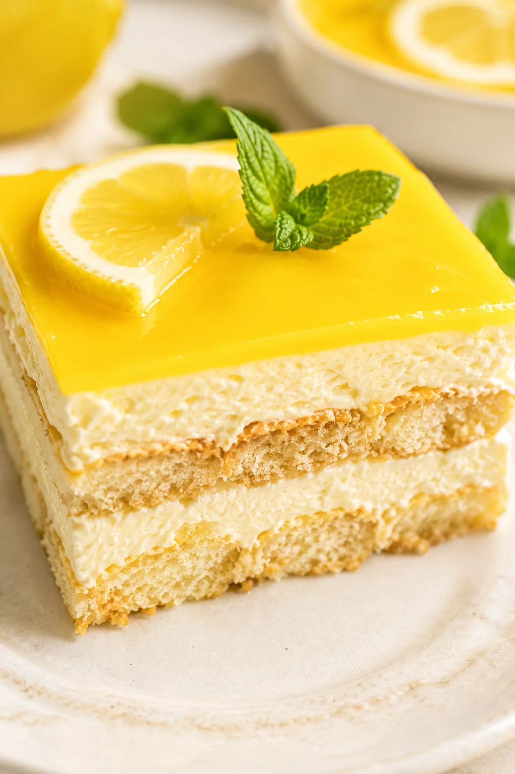 Square slice of lemon cake with glossy yellow glaze, lemon wheel, and mint garnish.