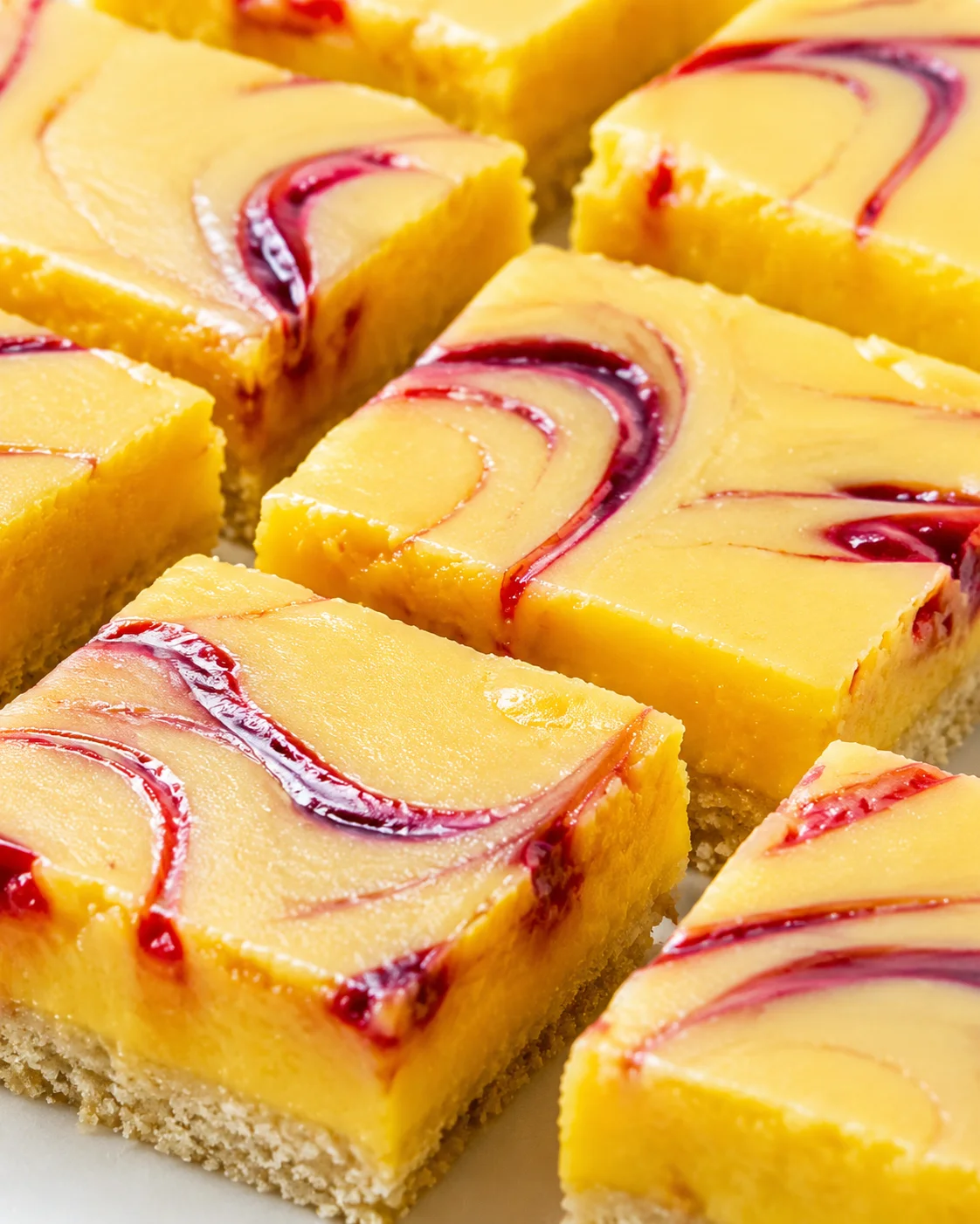 Close-up of lemon cheesecake bars with raspberry swirl atop a crumb crust.