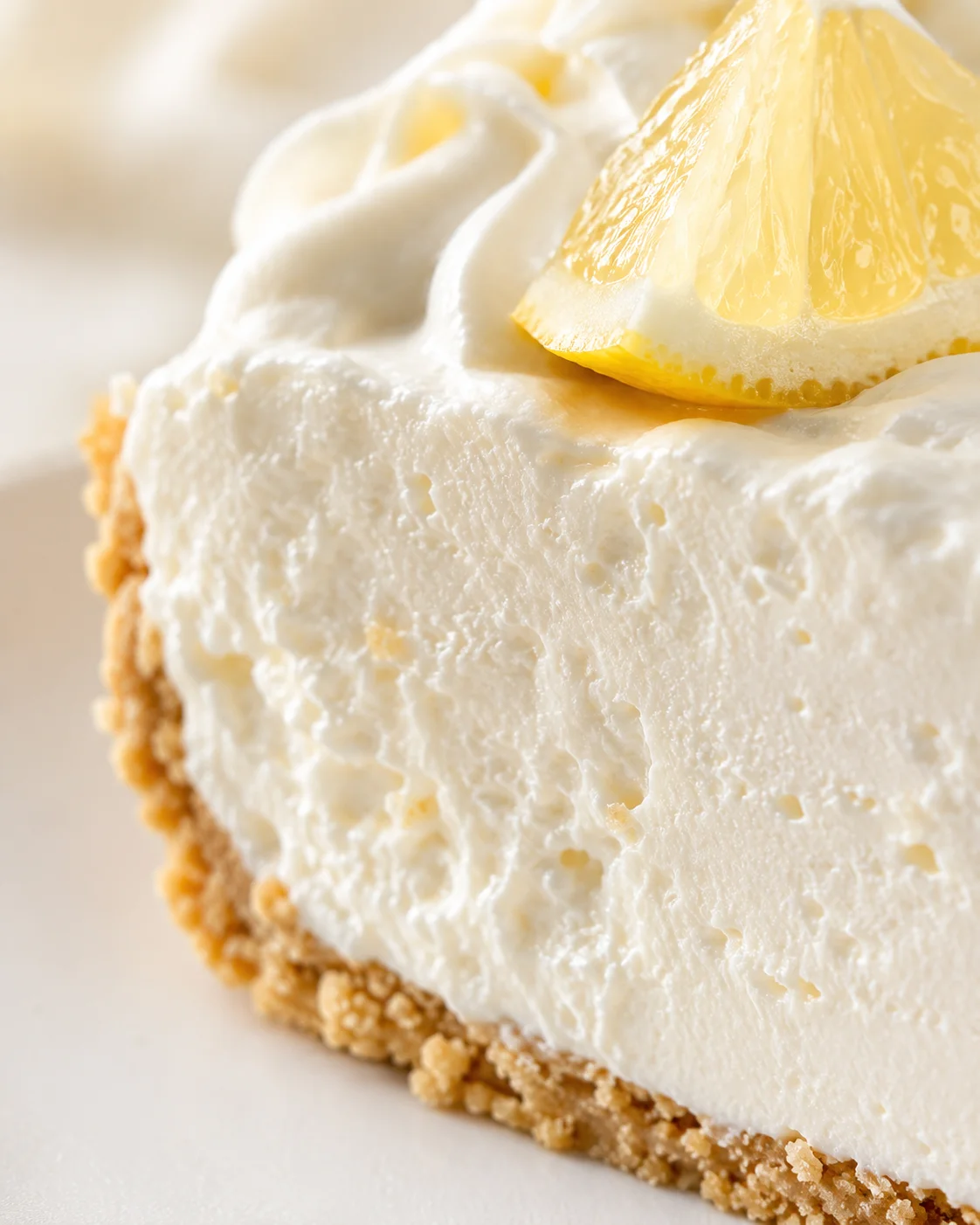 close-up of a lemon cheesecake slice topped with whipped cream and a lemon wedge