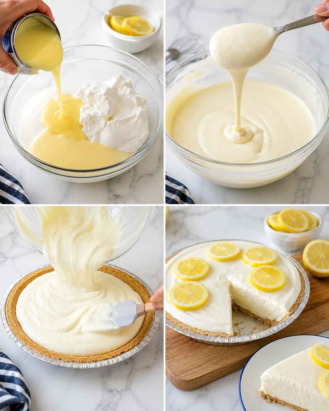 collage showing lemon cheesecake being made: lemon filling, batter, crust filling, topped with lemon slices