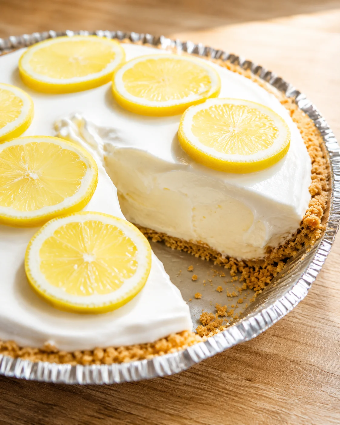 Creamy white lemon cheesecake in a pie pan, topped with lemon slices.