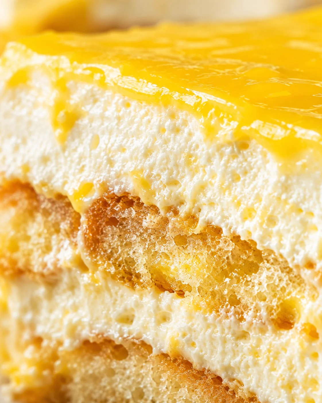 Close-up of a lemon-curd glazed, layered cake with creamy filling.