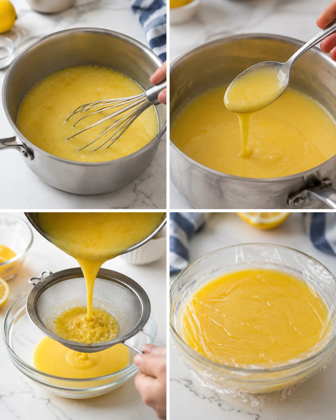 collage showing lemon curd being whisked, strained, and ready to set