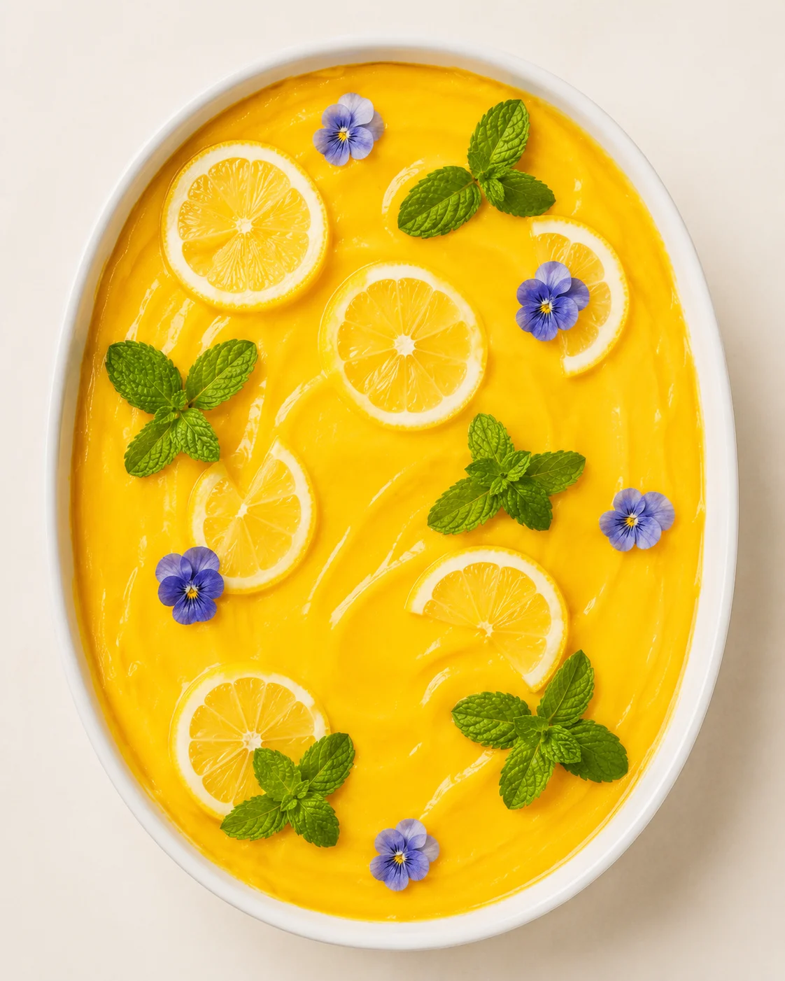 Bright yellow lemon-curd dessert in an oval dish with lemon slices, mint, and purple flowers.
