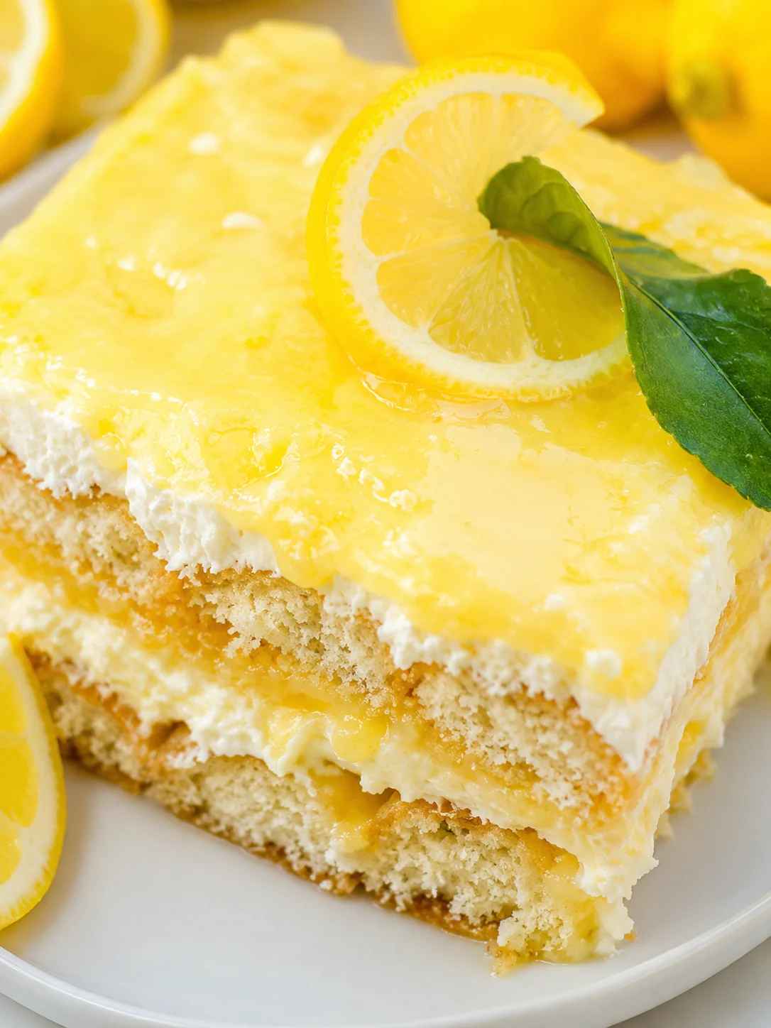 Close-up of lemon-glazed layered cake with lemon slice garnish on top.