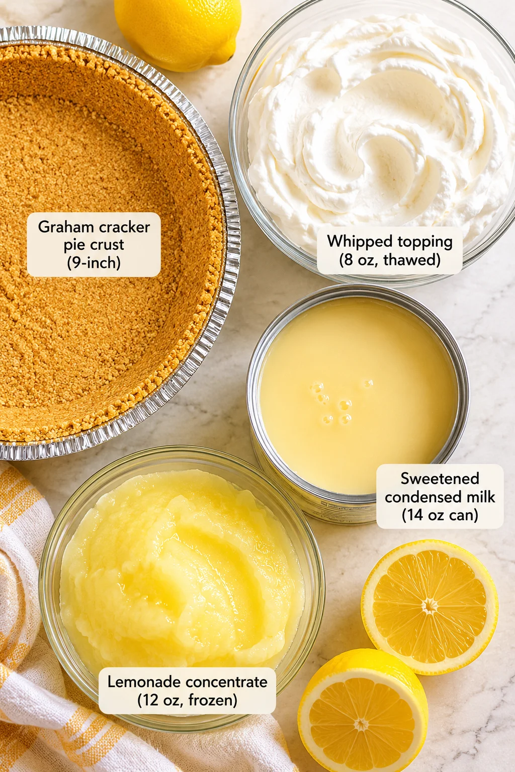 Top-down view of lemon-pie ingredients arranged with labeled bowls, crust, and lemons on a marble surface.