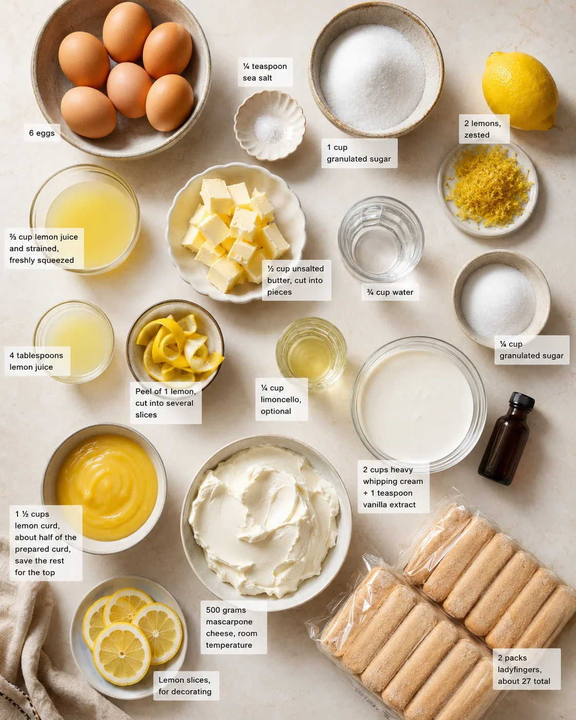 Overhead view of eggs, butter, sugar, mascarpone, cream, lemons and zest, lemon slices, and ladyfingers with labeled measurements.
