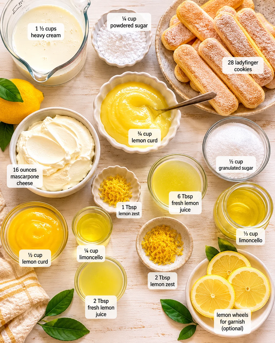 top-down collage of lemon tiramisu ingredients: mascarpone, cream, lemon curd, sugar, zest, juice, ladyfingers, and lemons