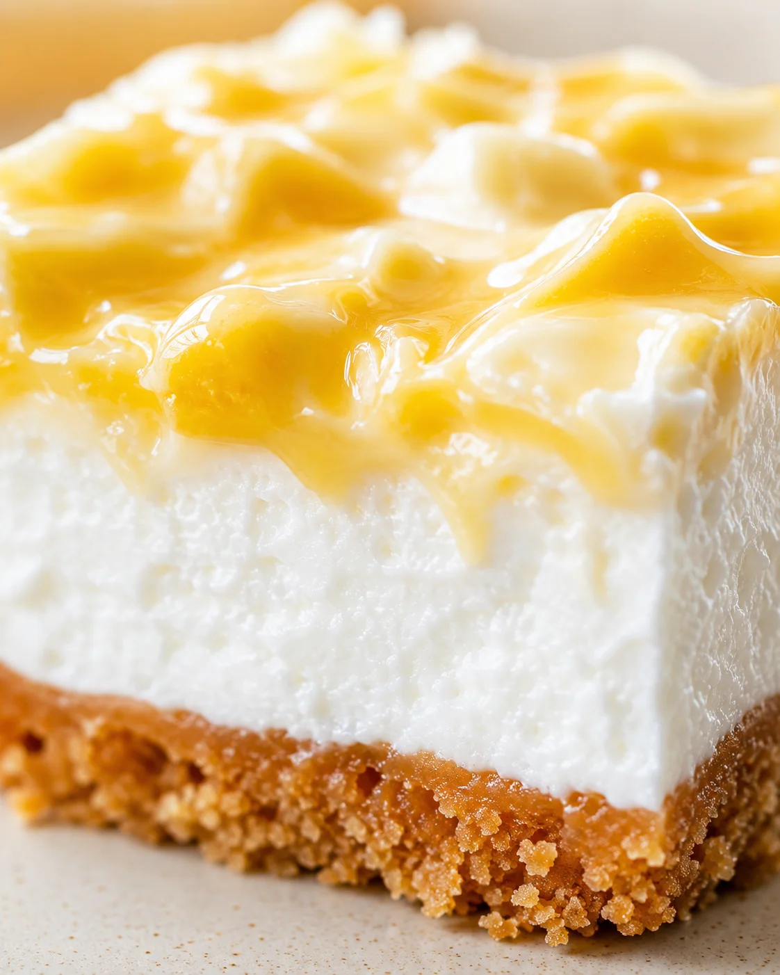 Close-up of a creamy cheesecake slice with glossy mango topping and a crunchy biscuit crust.