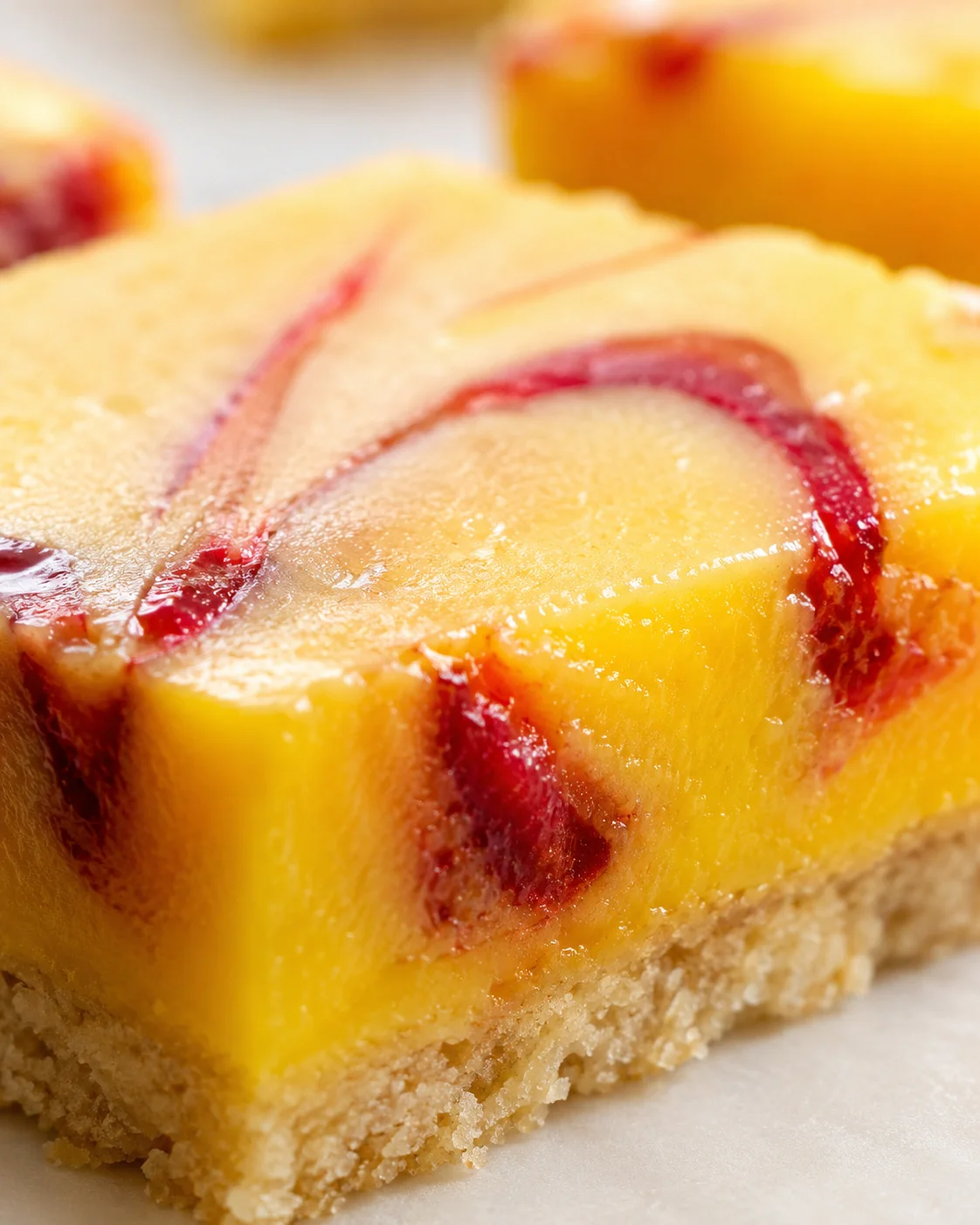 Close-up of a mango-raspberry swirled dessert bar on a crumbly crust