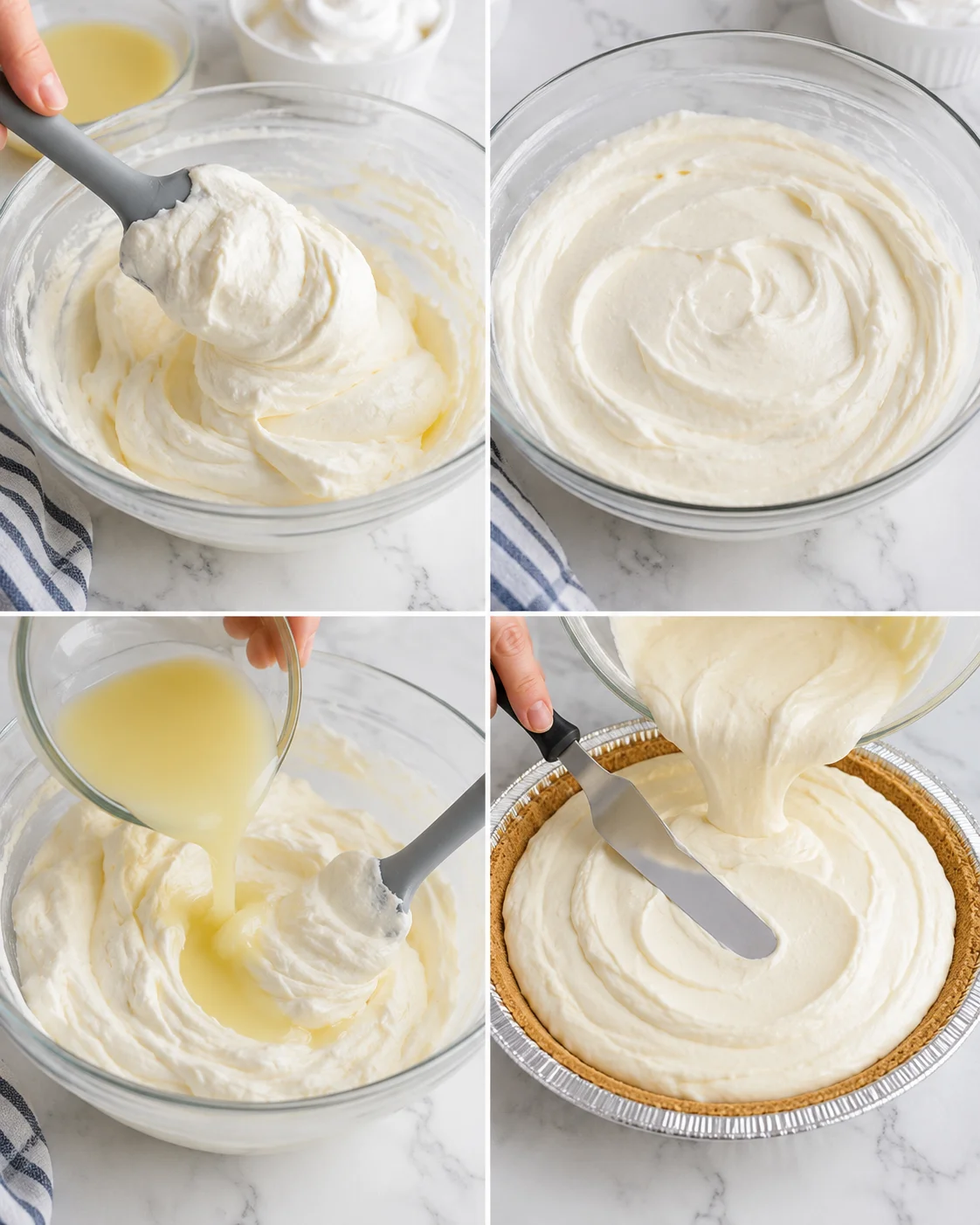 Four-panel collage of step-by-step cheesecake filling being mixed and spread into a crust
