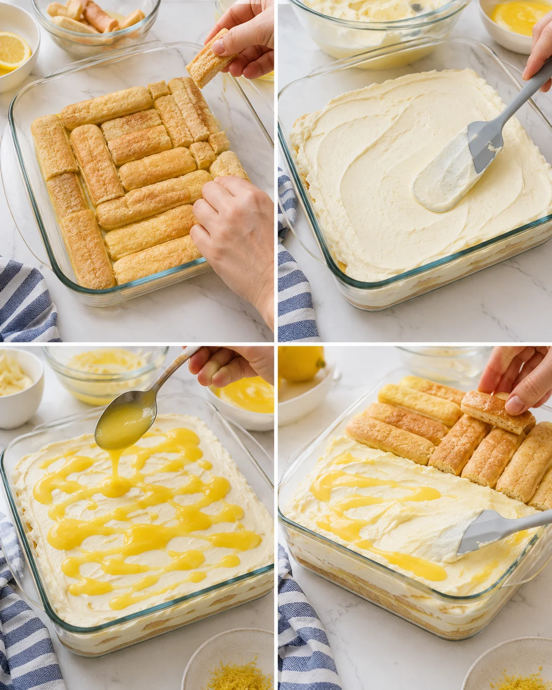 Collage of hands layering ladyfingers and spreading lemon cream in a glass baking dish.