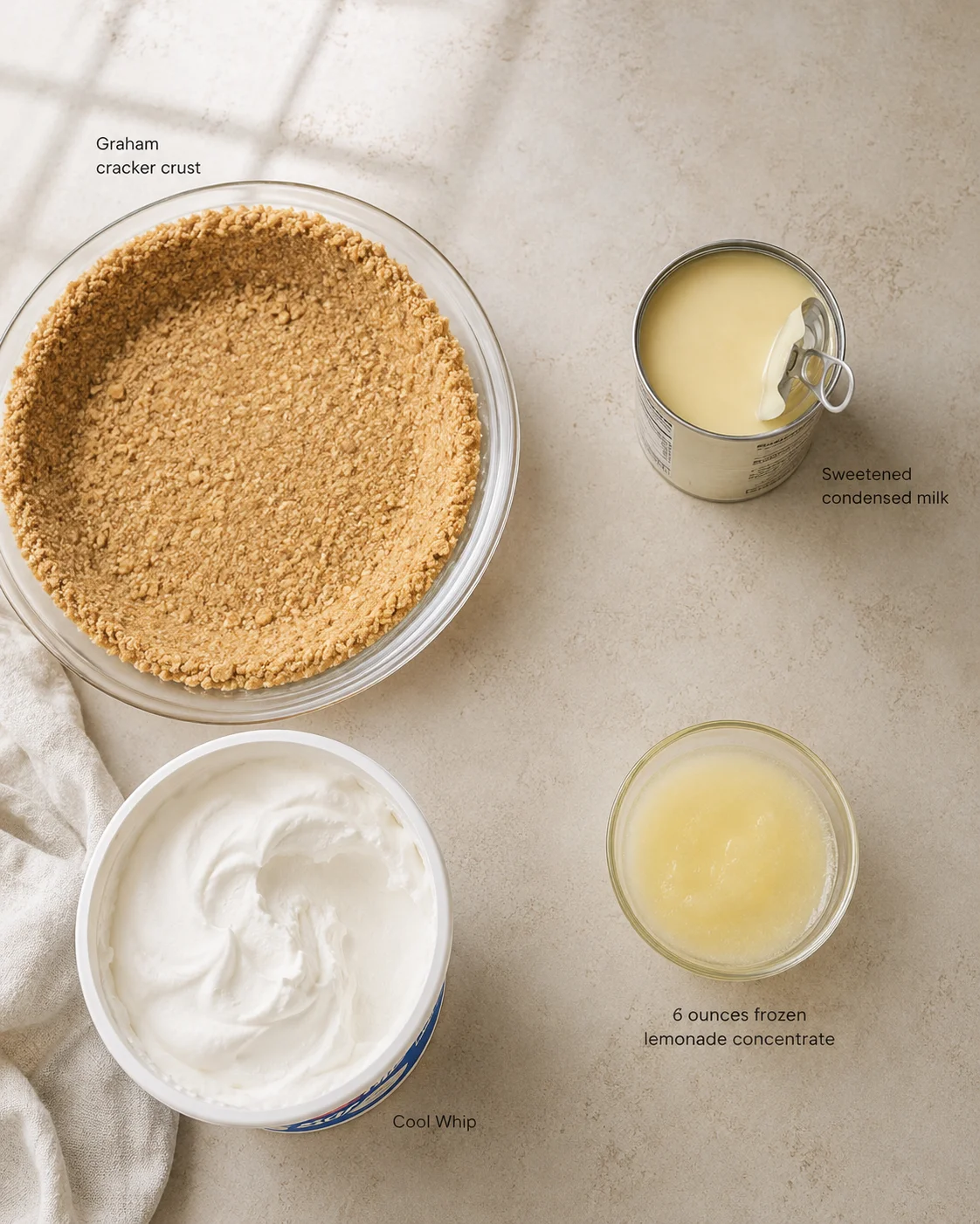 Overhead view of pie-ingredients: graham-cracker crust, condensed milk can, Cool Whip tub, and lemonade concentrate on a beige surface.