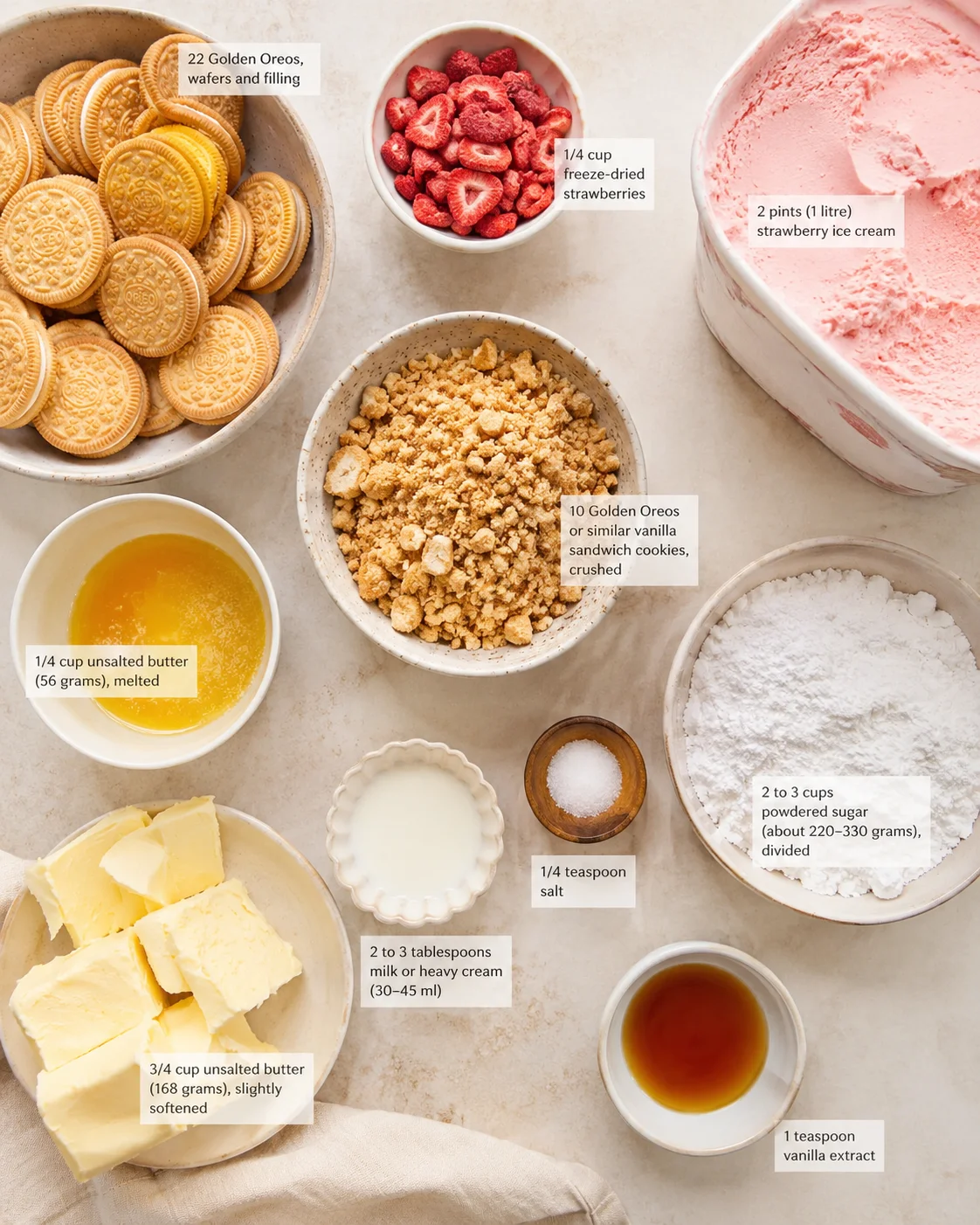 Top-down view of labeled ingredients for Oreo strawberry dessert: cookies, crushed cookies, strawberries, ice cream, butter, sugar, milk, salt, vanilla.