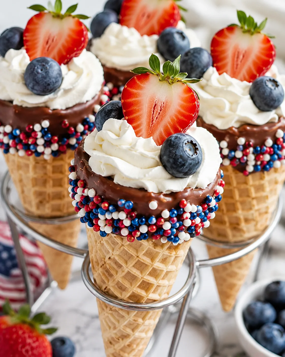 Close-up of chocolate-dipped waffle cones with whipped cream, sliced strawberries, blueberries, and patriotic sprinkles.