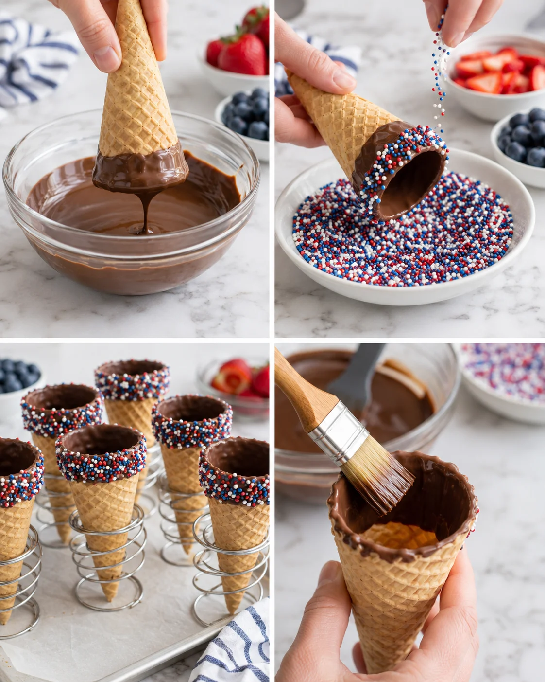 Patriotic chocolate-dipped waffle cones being decorated with red, white, and blue sprinkles in a four-panel collage.