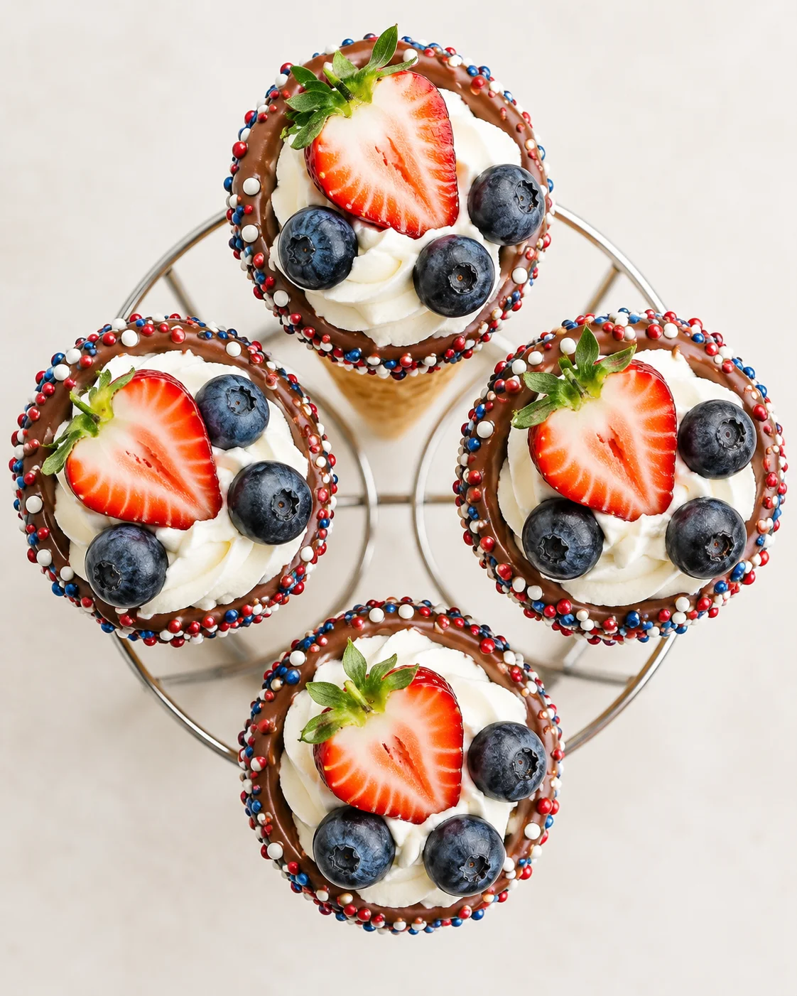 top-down view of four cupcakes with chocolate-dipped rims, whipped cream, strawberries, blueberries, and red-white-blue sprinkles