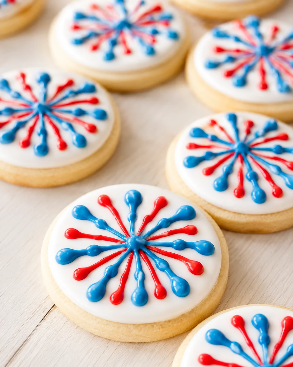 round sugar cookies with white icing and red and blue starburst designs on a light wood surface