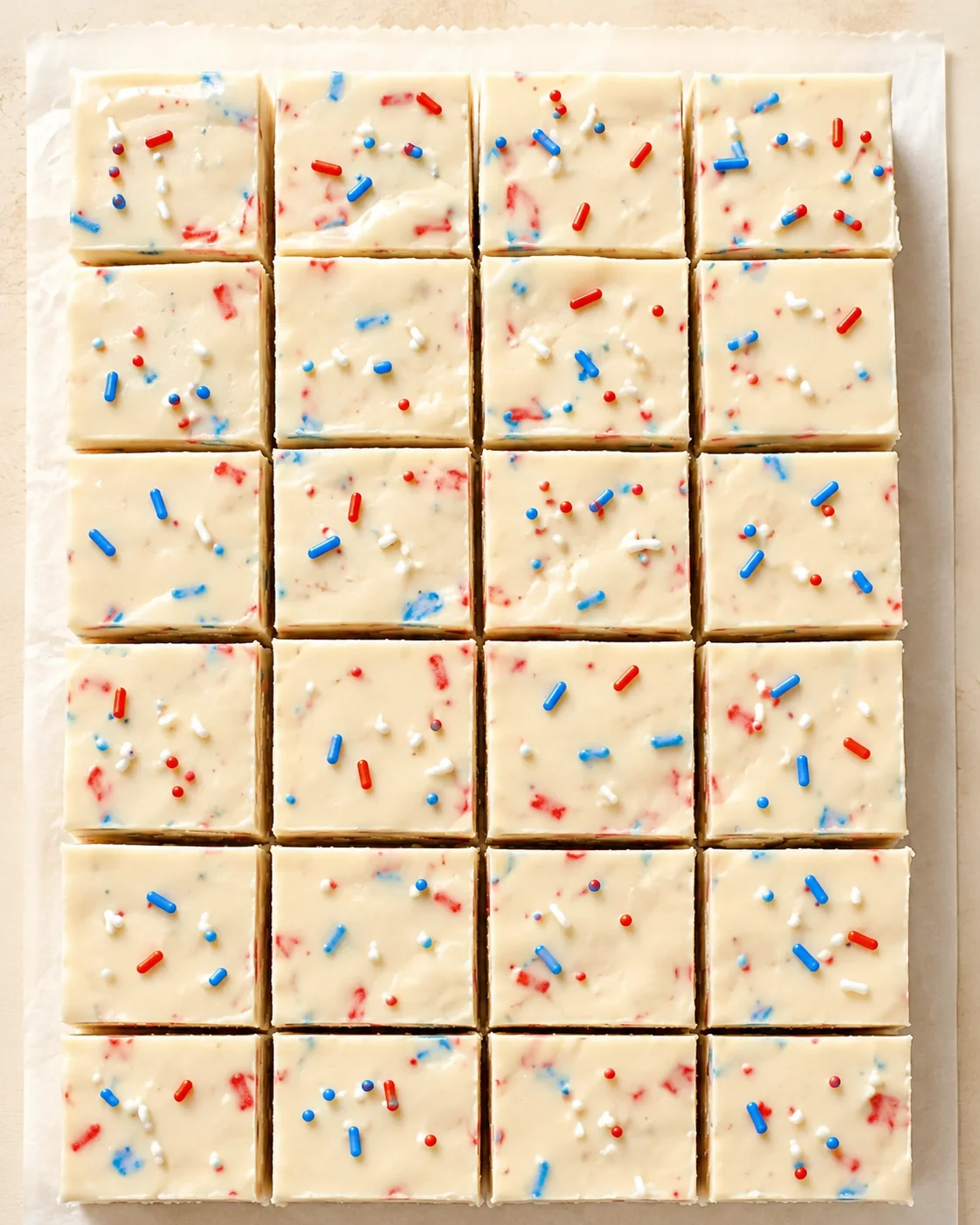 Grid of white chocolate squares topped with red, blue and white sprinkles on parchment
