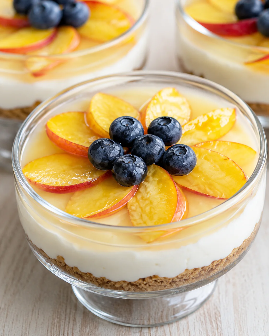 Clear glass dessert cups showing crumb crust, creamy filling, peach slices, and blueberries on a wooden surface.