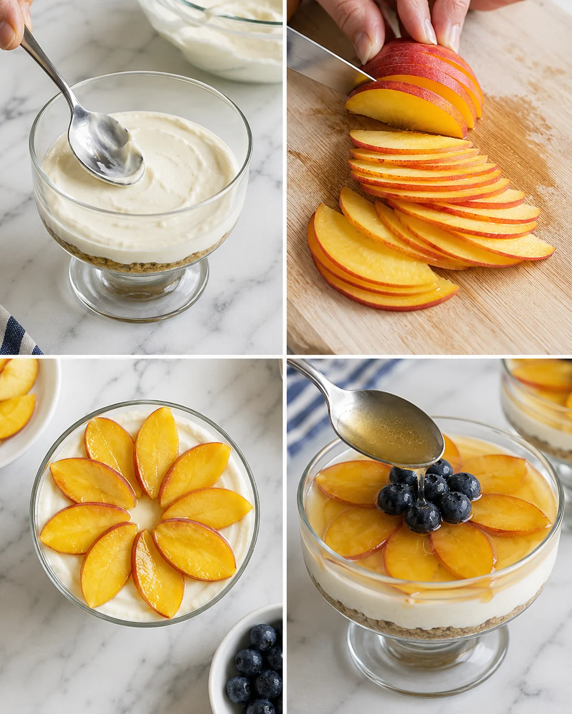 collage showing peach slices, blueberries, and creamy layered dessert with oat crust.