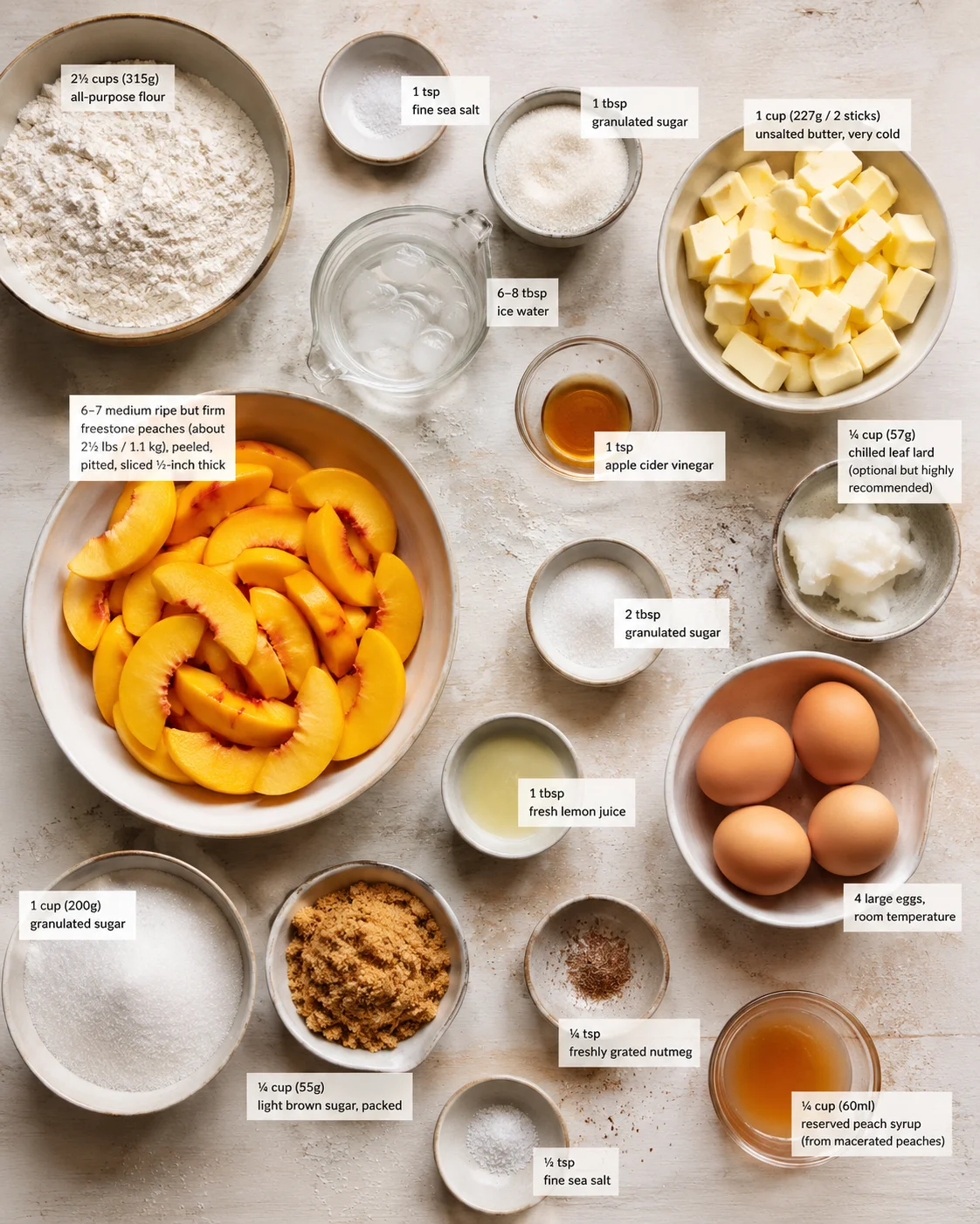 Top-down view of peaches, eggs, flour, butter and other baking ingredients in bowls with labels.