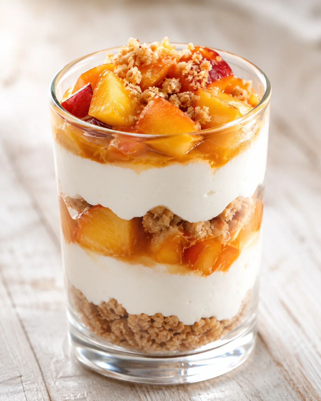 Layered peach parfait in a clear glass with crumb topping on a wooden table