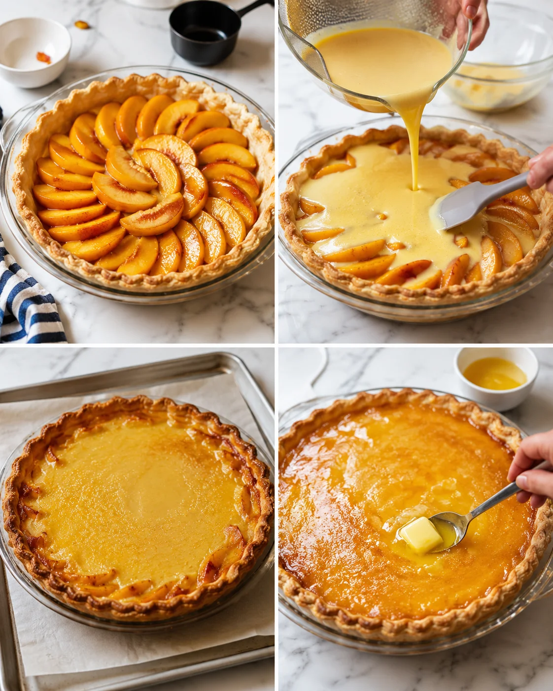 collage of four photos showing peach tart assembly: peach slices, custard poured, baked tart, glossy finish