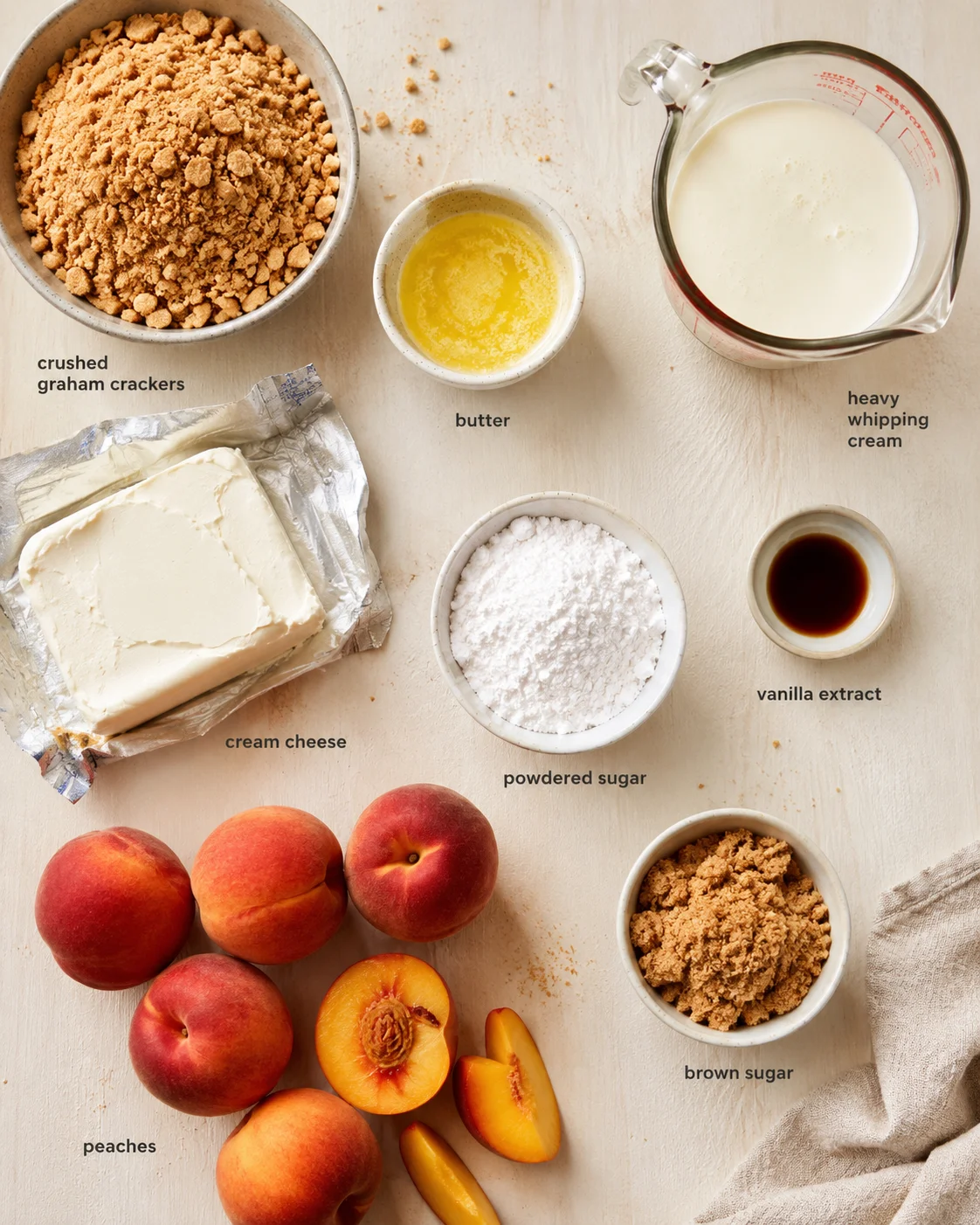 Overhead view of peaches, cream cheese, sugars, crackers, and dairy arranged on a light wooden surface.