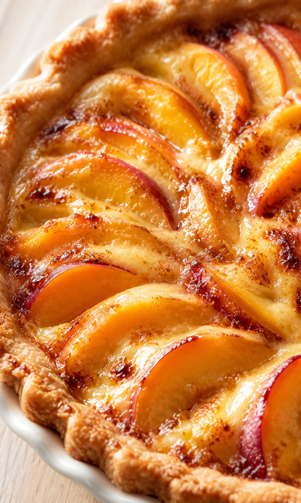 close-up of a peach galette with overlapping slices on a glossy filling and golden crust.