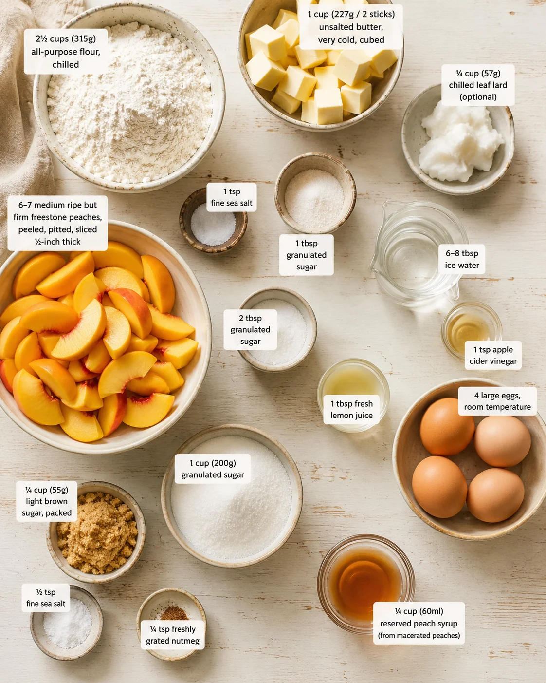 overhead view of peaches, flour, butter, eggs, sugar, and other ingredients with labels.