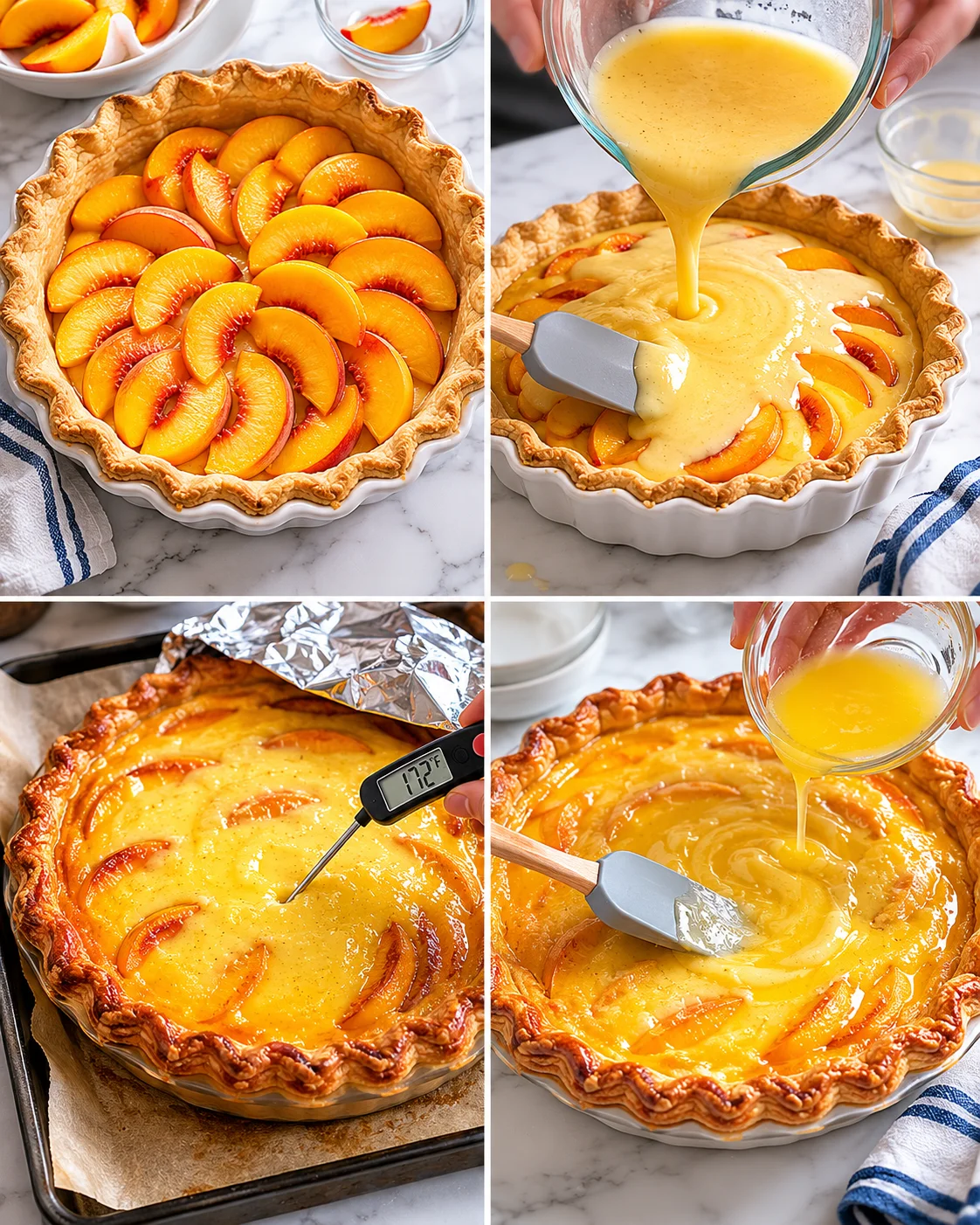 collage showing peach tart being prepared: peach slices arranged in crust, custard poured, and final glaze