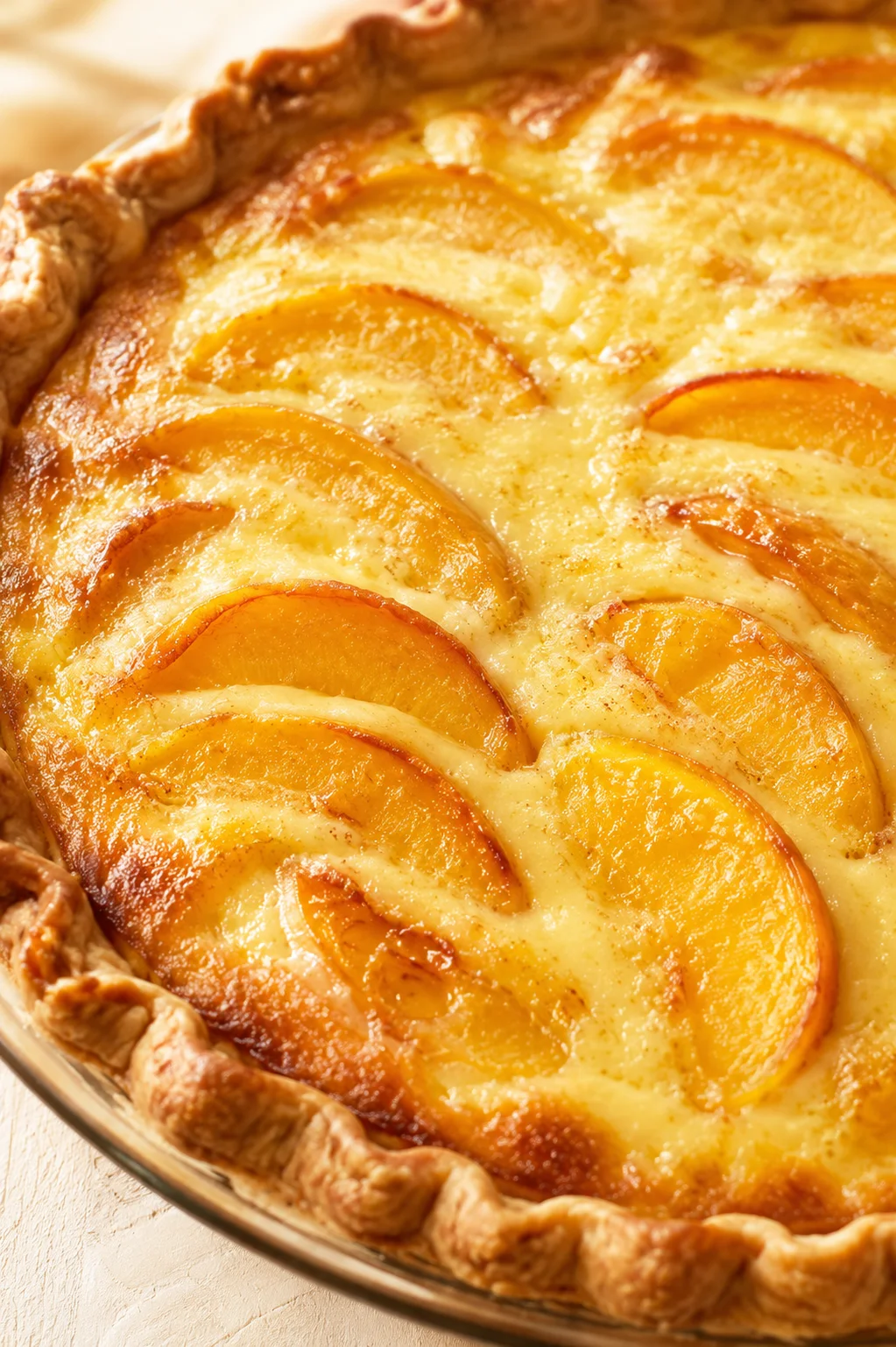 Close-up of a golden peach tart with glossy peach slices arranged in a circular pattern and a crimped crust