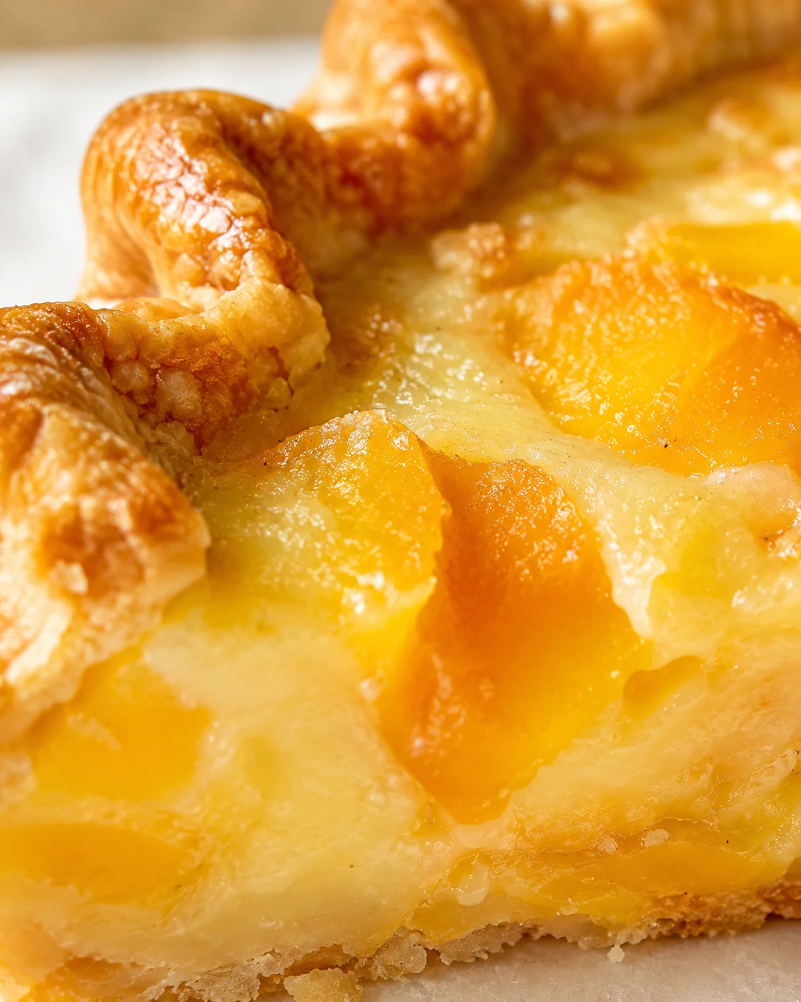 close-up of a peach-filled tart with a flaky crust and glossy yellow filling