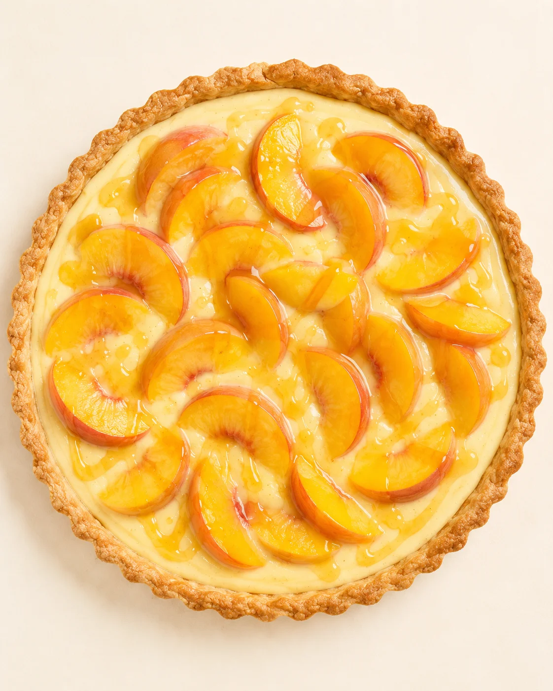 top-down view of a peach tart with peach slices arranged on a creamy filling