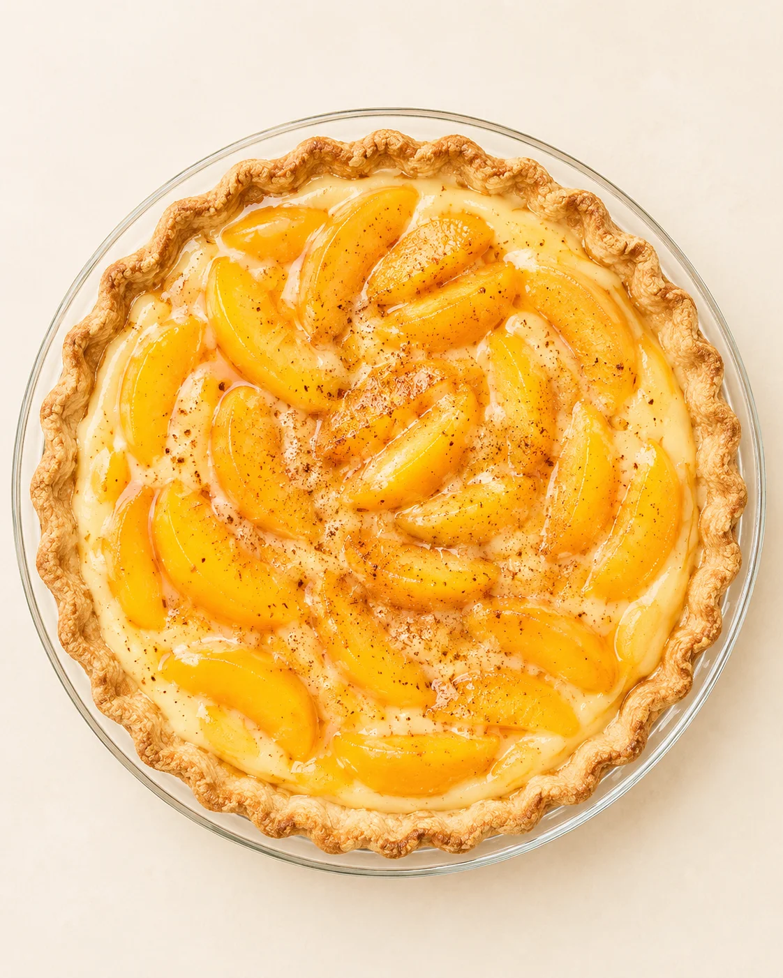 top-down view of peach tart with crimped crust, creamy filling, and glazed peach slices