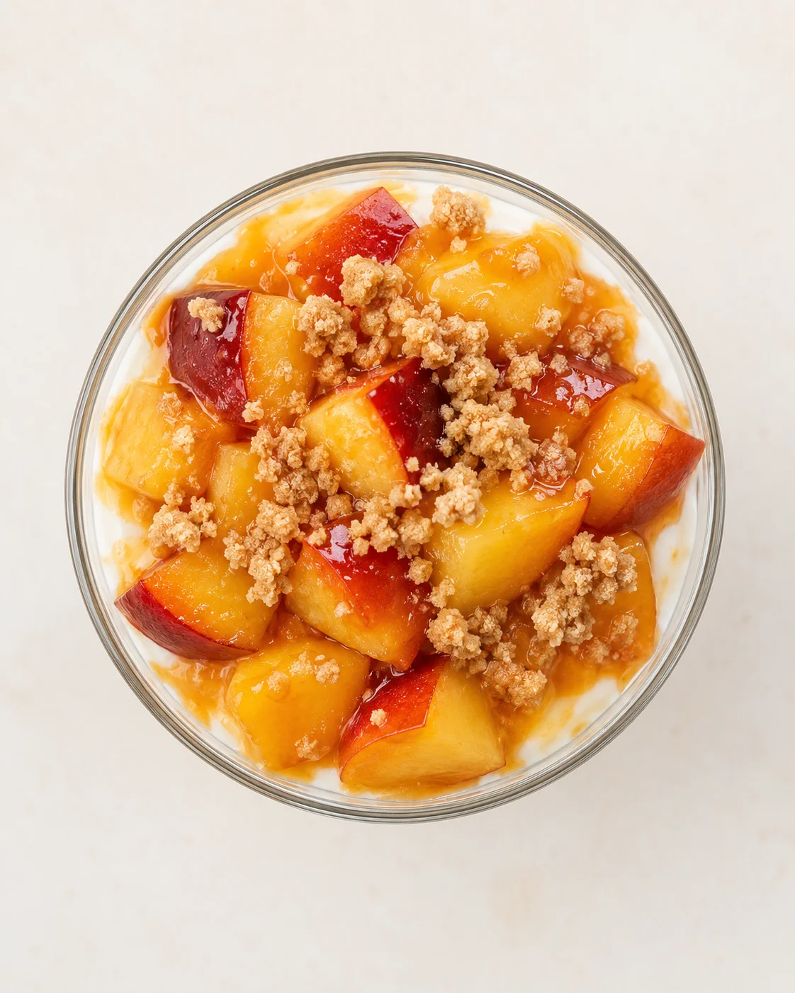 Top-down view of a glass bowl filled with yogurt, peach chunks, and crumble topping.