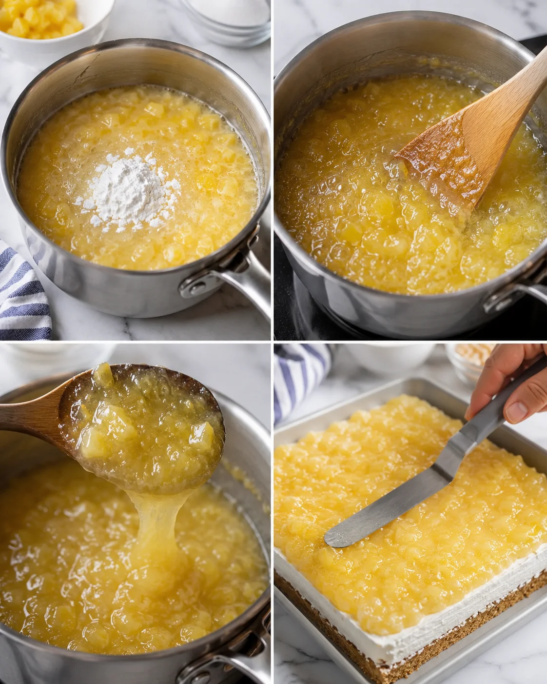 four-panel collage showing pineapple jam being cooked and spread onto a crust to form pineapple bars