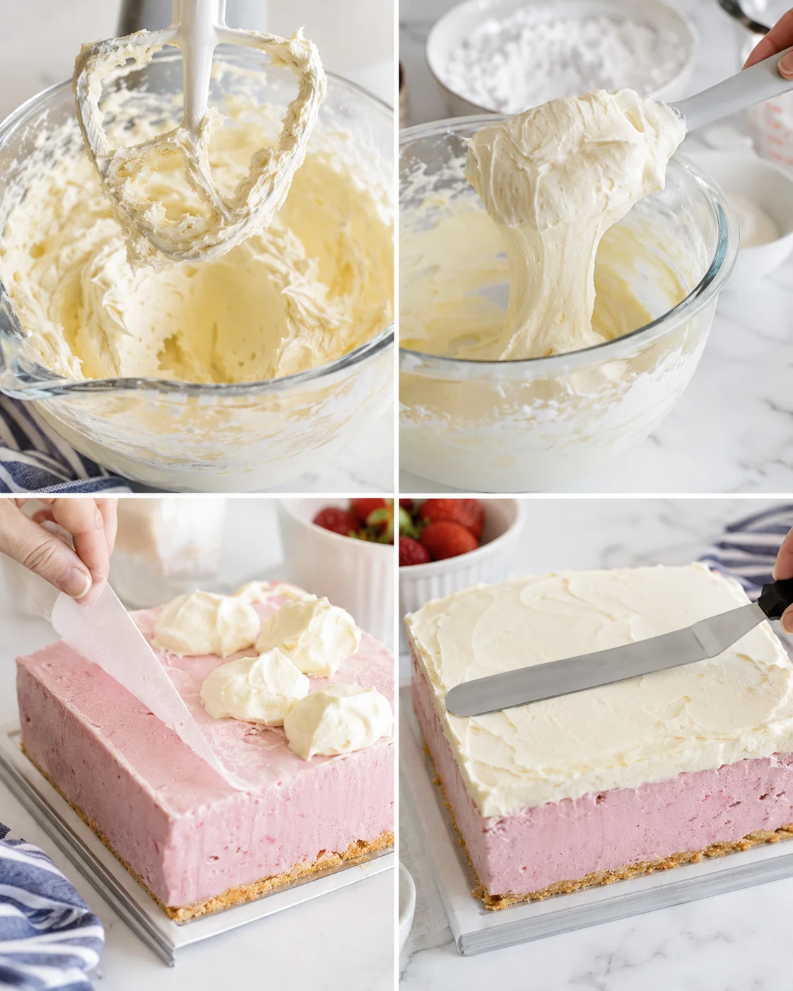 collage showing whipped frosting, lifting with a spatula, and smoothing pink layered cheesecake