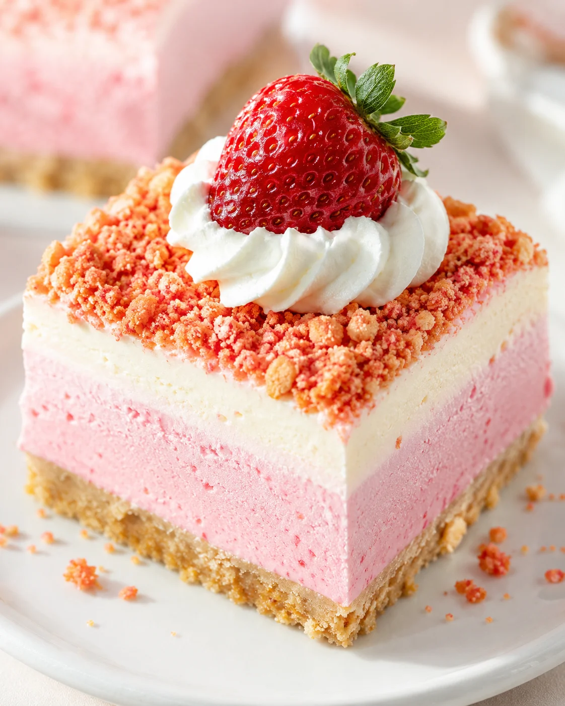 square slice of pink-vanilla cheesecake with crumb crust, topped with whipped cream and a strawberry on a white plate.